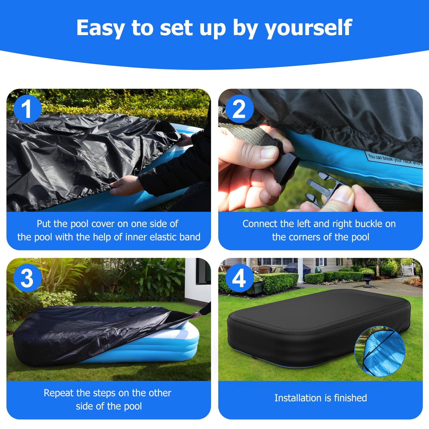 Rectangular Pool Cover for Inflatable Pool, Fits Blow Up Pool Size 90" L x 60" W, Built-in Elastic Band and Extra Buckle to Prevent Slipping, Rectangle Above Ground Swimming Pool Cover
