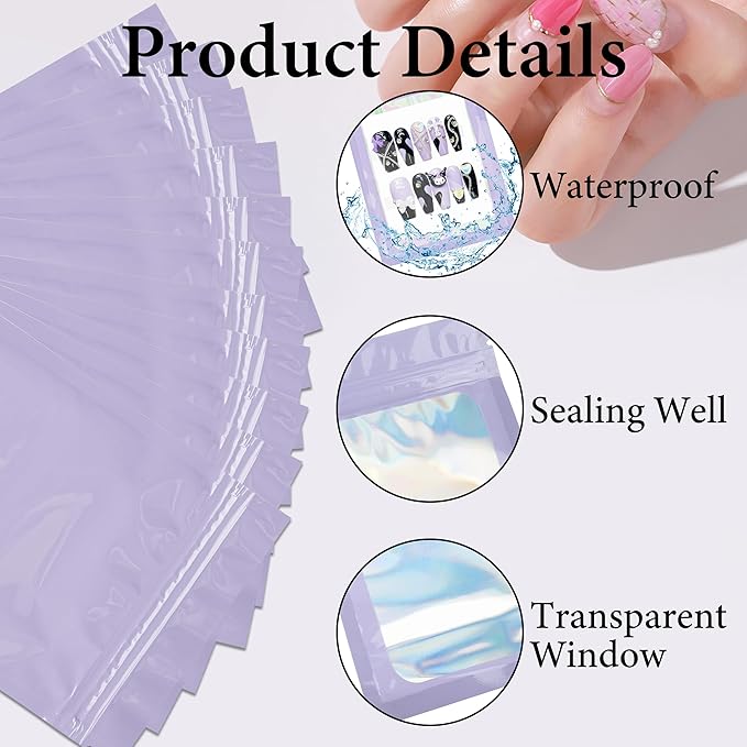 100PCS Empty Solid Purple Holographic Nail Storage Bag Press on Nail Packaging Bag and 100PCS Shiny white cardboard Nail Tips Packaging Bags with 1 Roll Transparent Tape