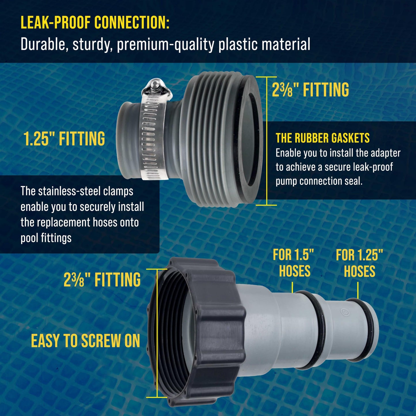 U.S. Pool Supply Pool Hose Adapter A B Conversion 1.25" to 1.5" Hose Connector with Clamps, Pack of 2 - Above Ground Replacement Compatible with Intex Pool Filter Pumps, Sand Filters Saltwater Systems
