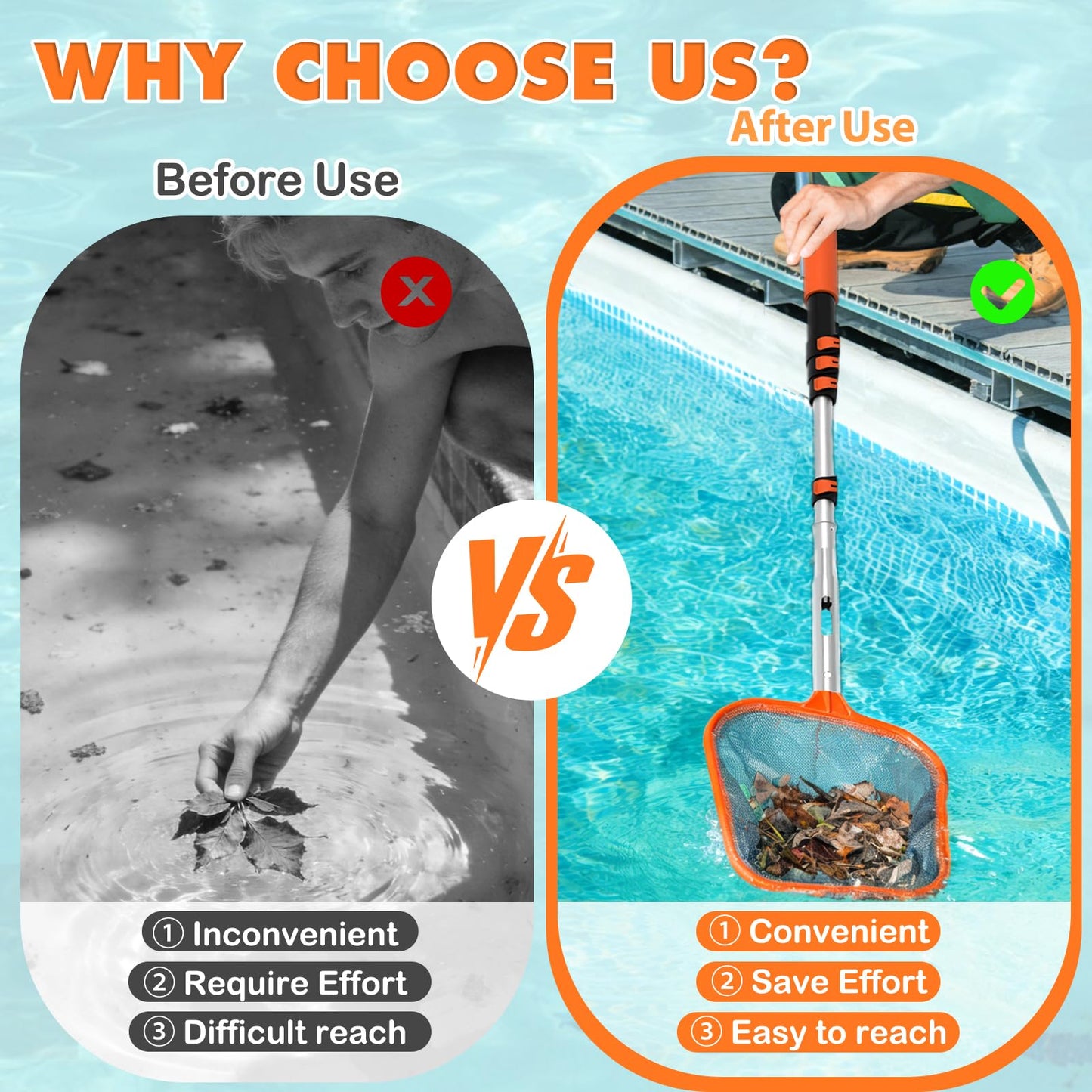 LAANPOLE 4-in-1 Pool Skimmer Net with Pole, Heavy Duty Pool Net and Fine Mesh Leaf Skimmer Net for Above Ground Pool, 16FT Telescopic Pool Pole with Professional Pool Net and Pool Hook for Cleaning
