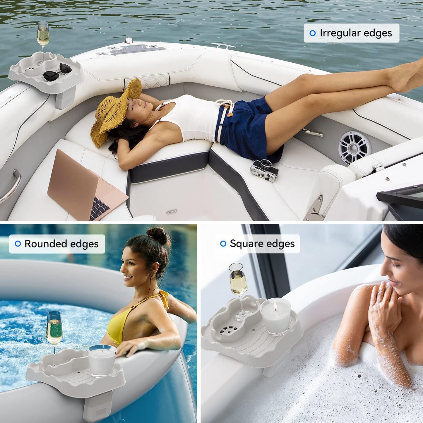 Anivia Hot Tub Table Tray, Adjustable Width 4.3" to 7.7" Hot Tub Accessories for Intex PureSpa, Nonslip Caddy Holds 2 Drinks, Keep Snacks-Drinks Handy and Dry, Fits Outdoor Inflatable Spa/Pool(Beige)