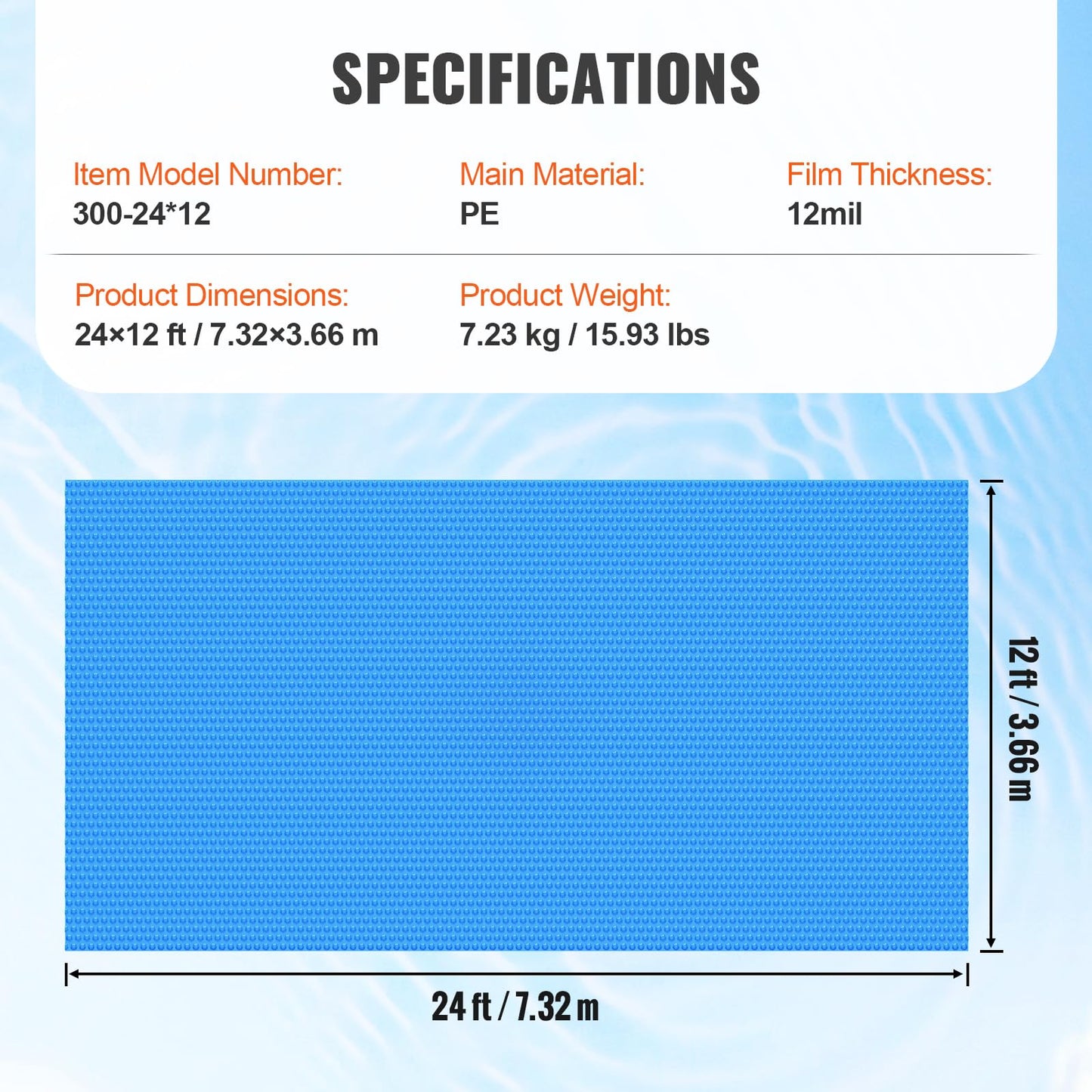 VEVOR Solar Pool Cover, 24 x 12 ft Rectangle Solar Cover 12 mil for Pools, Inground Above Ground Swimming Pool Solar Blanket with Bubble, Heat Retaining Solar Covers Blue