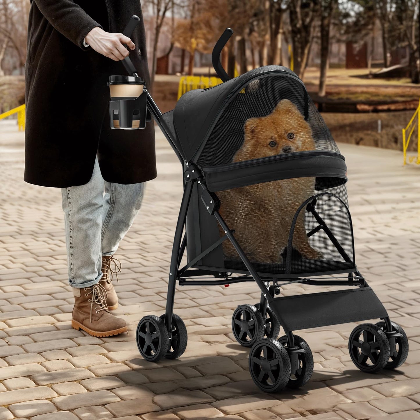 Magshion Compact Pet Stroller for Small-Medium Dogs/Cats up to 22lbs, 4-Wheel Lightweight Umbrella Shaped Portable Puppy Travel Jogger with Breathable Mesh, Cup Holder & Rear Storage, Leopard Print