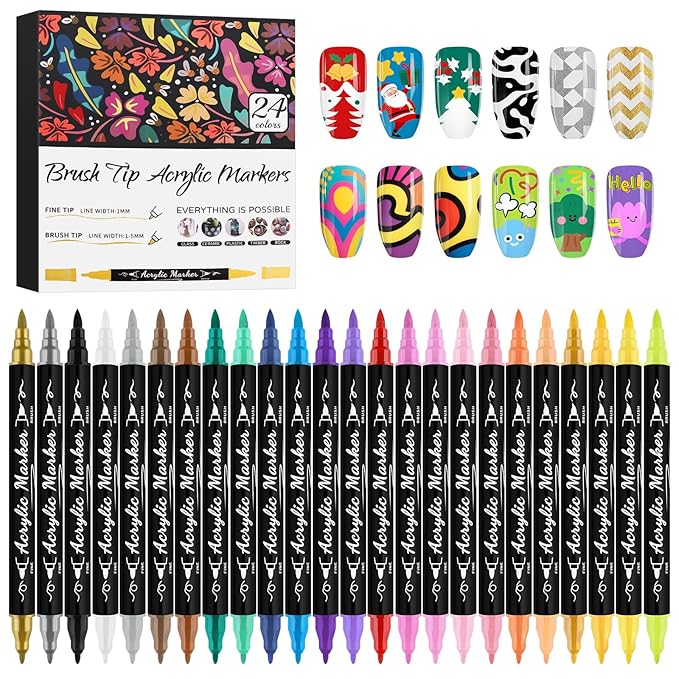 24 Colors Nail Art Markers Set, Kalolary 3D Nail Art Pens Double-headed Nail Point Graffiti Dotting Pen Quick-Drying Drawing Painting Liner Brush for DIY Nail Art Home & Salon Manicure Tools