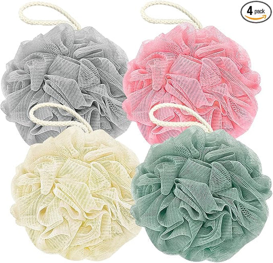 Rnoafmu Shower Loofah Bath Sponge, 60G Loofah Exfoliating Body Scrubber, 4 Color Mesh Shower Pouf Balls for Body Wash (Pink Green White Gray)