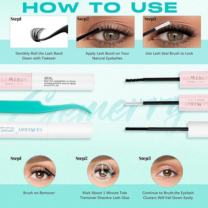 GEMERRY Lashes Clusters Kit Thick Lash Clusters 3 Styles 840Pcs Fluffy Lash Clusters Kit with Waterproof Bond and Seal Remover Tweezers for Beginners(60D+80D+100D)