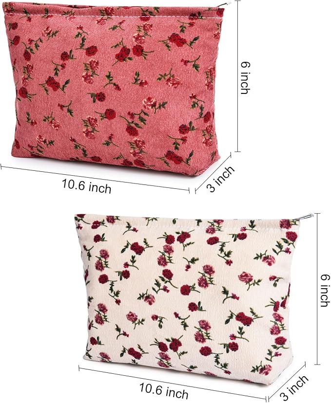 SOIDRAM 2 Pieces Rose Makeup Bag Large Corduroy Cosmetic Bag Capacity Canvas Travel Toiletry Bag Organizer Cute Makeup Brushes Aesthetic Accessories Storage Bag for Women, Rose L White Pink