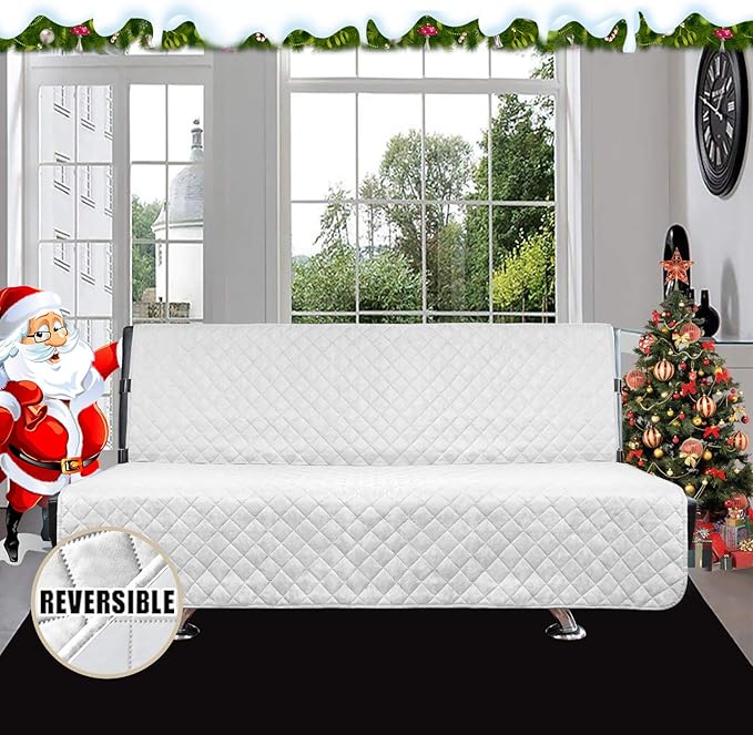 Easy-Going Futon Sofa Slipcover - Reversible Armless Couch Cover - Water Resistant - Pets & Kids (White/White)