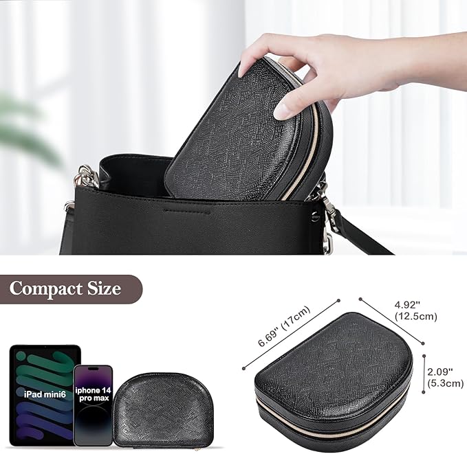 ProCase Travel Size Jewelry Box, Medium Portable Seashell-Shaped Jewelry Case, 2 Layer Mini Jewelry Organizer in PU Leather for Women -Glossy Black