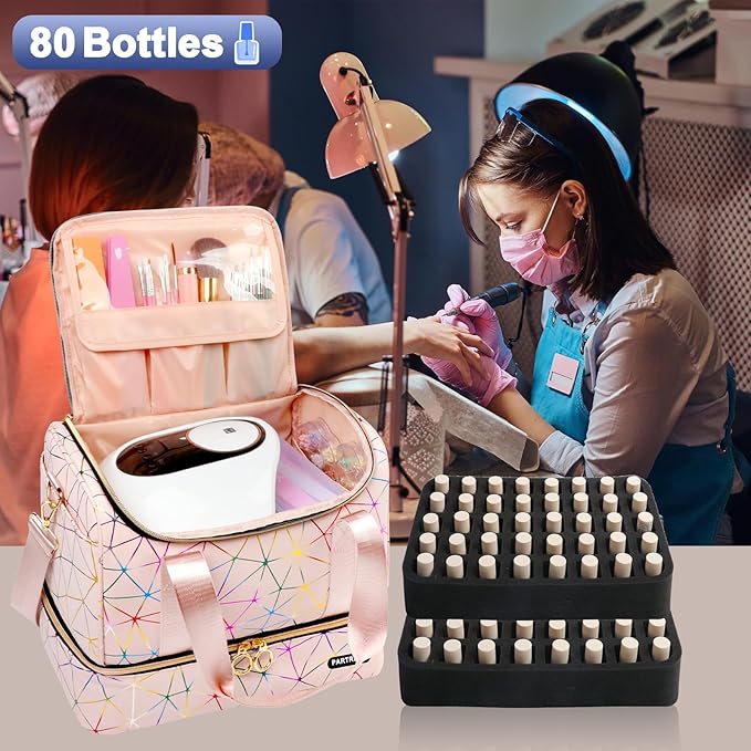Nail Polish Organizer Holds 80 Bottles (15ml/0.5 fl.oz)& Nail Lamp, PU Leather Nail Organizers and Storage Bag with Shoulder Strap, Portable Nail Supplies Kit Organizer Carrying Case (Pink)