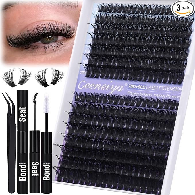 Geeneiya Wispy Lash Clusters Kit 70D+90D Lash Extension Kit 10-18mm Natural Cluster Eyelash Extensions Kit Individual Lashes with Waterproof Lash Bond and Seal Glue, Lash Tweezers (300PCS)