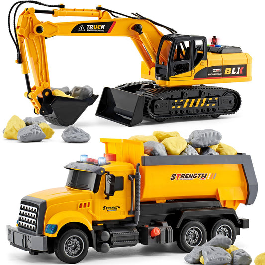 LerBao 2 Pack Large Construction Engineering Truck Toys,Moveable Claw Excavator & Lifting Back Dump Truck Toy for 3 4 5 6 7 8 Years Old Boys Kids Childs Toddlers Birthday Christmas GIFS