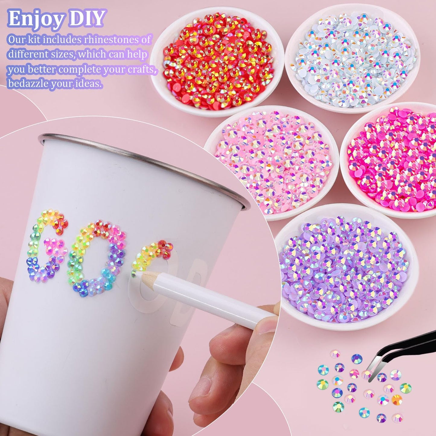2 Boxes Resin Rhinestones with Tweezers for Crafting, 30000Pcs Mixed-Color 3/4/5mm Bedazzling Crystal with 3Pcs 10ml B7000 Jewelry Glue for DIY Crafts Clothing Tumblers Shoes Fabric Nail Art