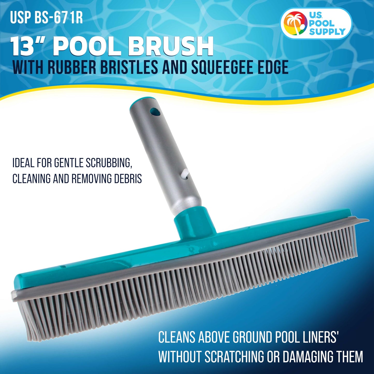 U.S. Pool Supply 13" Pool Brush with Rubber Bristles and Squeegee Edge - Safe for Vinyl Liners, Ideal for Above-Ground Pools, Aluminum Pole Handle - Scrub Leaves Debris from Walls, Floors, Corners