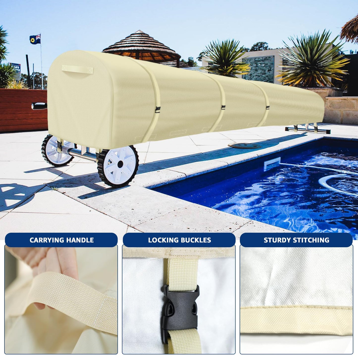 Swimming Pool Solar Reel Cover, 16Ft Heavy Duty Waterproof Solar Blanket Reel Cover, UV Resistant Solar Blanket Reel Roller Covers Swimming Pool Solar Reel Covers for Inground Pool, Begie