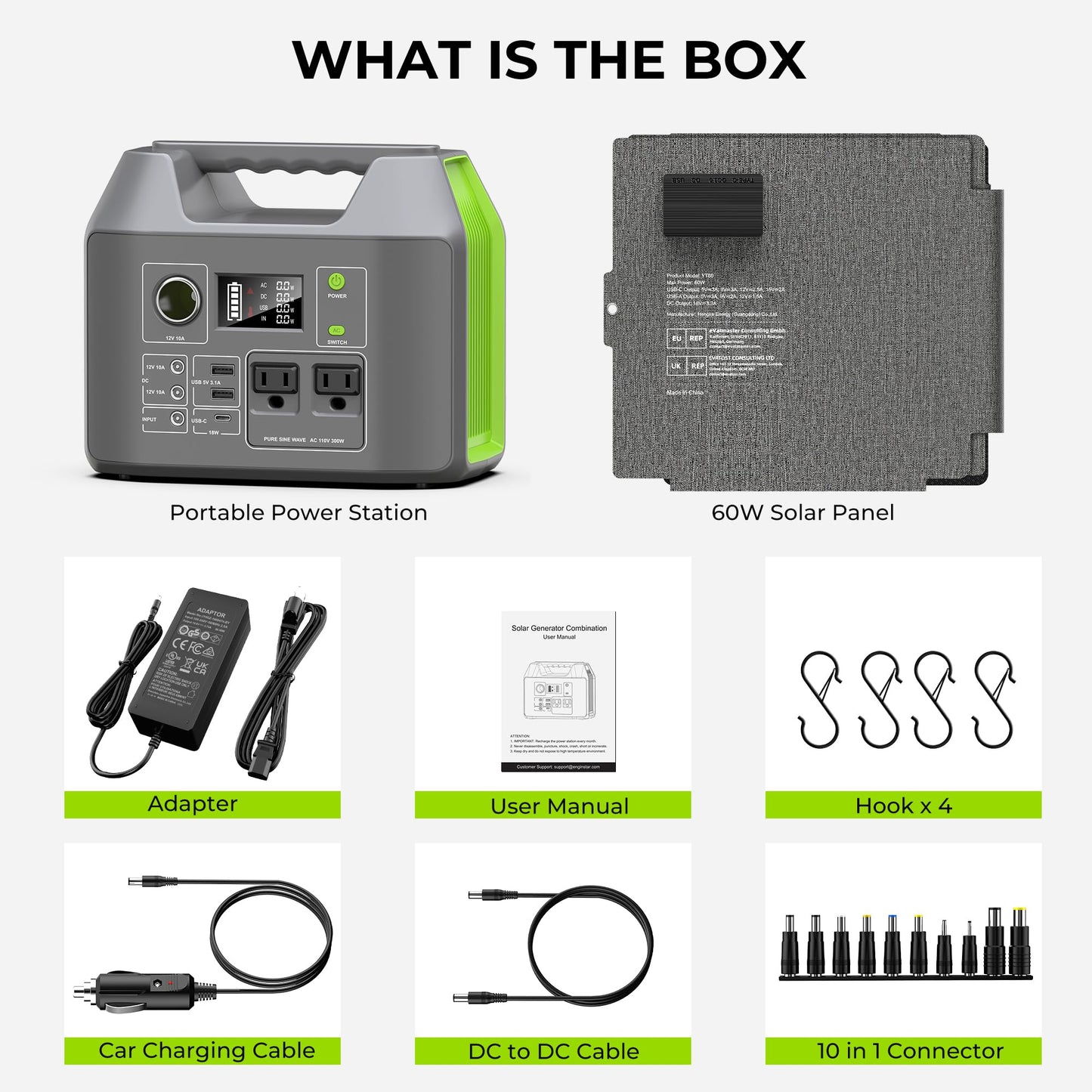 Portable Solar Generator, 300W Portable Power Station with Foldable 60W Solar Panel, 110V Pure Sine Wave 296Wh 80000mAh Lithium Battery Pack for Home Use RV Van Outdoor Camping-Panel included