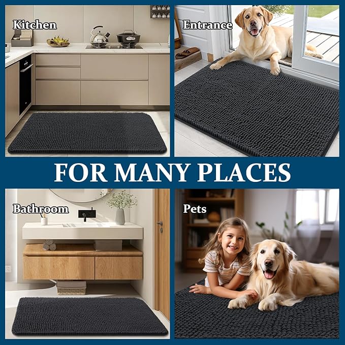 OLANLY Dog Door Mat for Muddy Paws 70x35, Absorbs Moisture and Dirt, Absorbent Non-Slip Washable Doormat, Quick Dry Chenille Mud Mat for Dogs, Entry Indoor Entryway Carpet for Inside Floor, Dark Grey