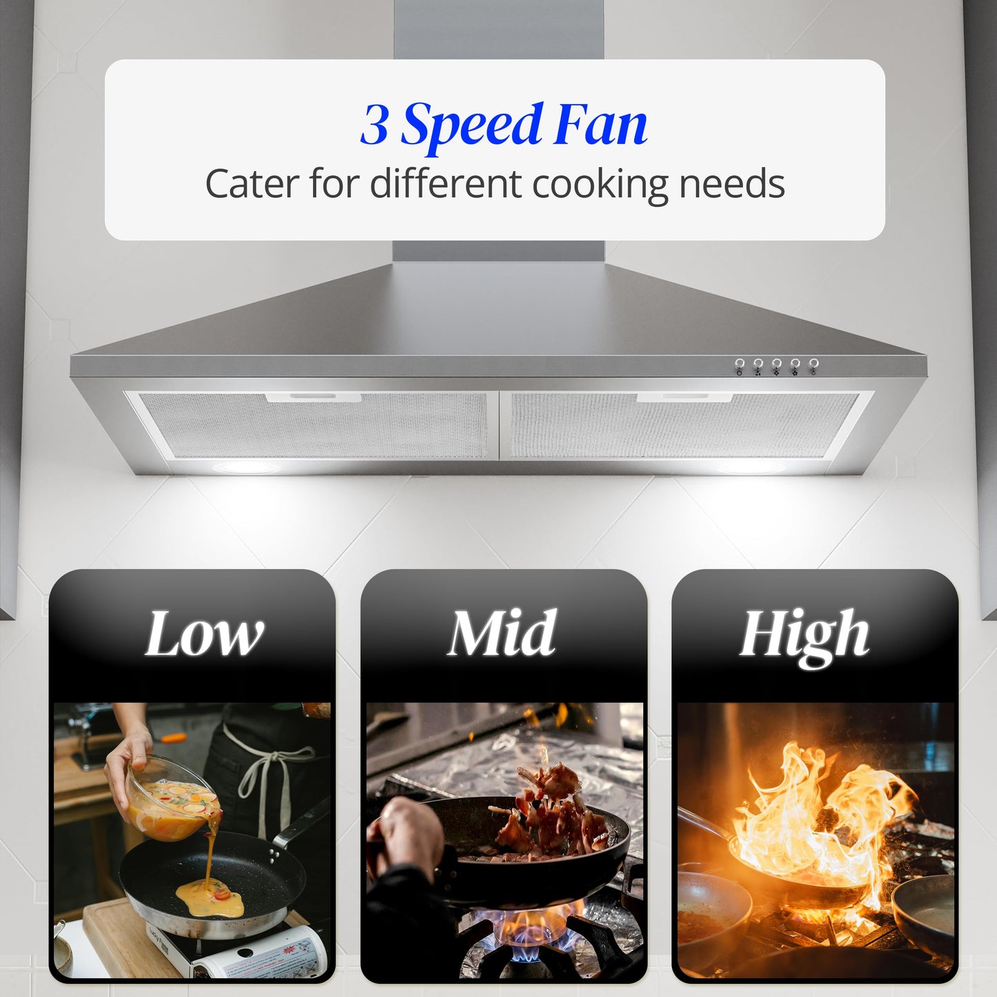 FIREGAS Range Hood 30 inch, Wall Mount Range Hood with LED Lights, 3-Speed Exhaust Fan, Ducted/Ductless Convertible, Aluminum Mesh Filters, Button Controls, Stainless Steel Kitchen Vent Hood
