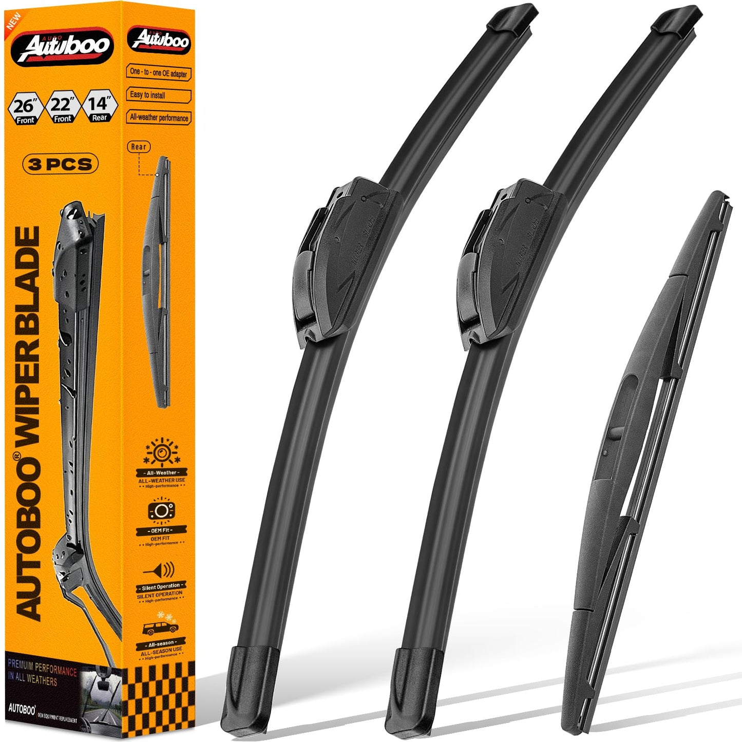 AUTOBOO 26"+22" Windshield Wipers Blades Replacement for Honda Pilot 2023 2024 2025 with 14 Inch Rear Wiper Blade -Original Factory Quality (Pack of 3)