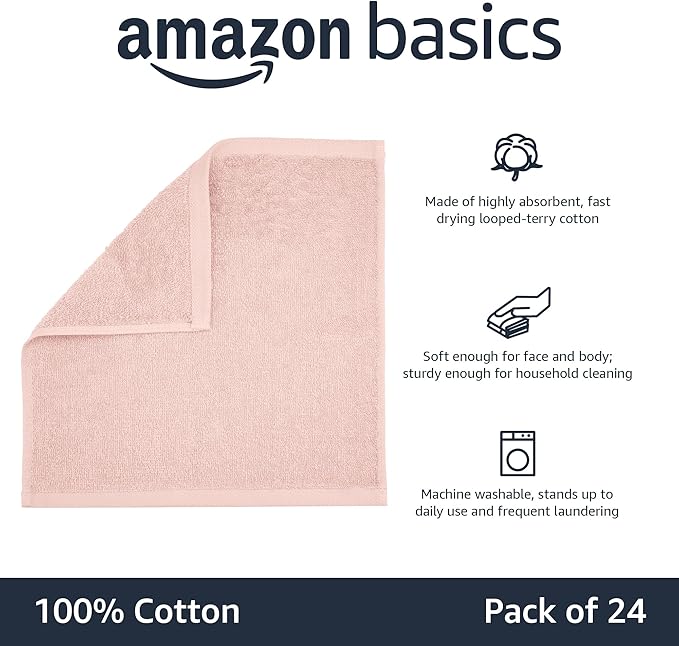 Amazon Basics face Towels for Bathroom, 100% Cotton Extra Absorbent washcloth, Fast Drying - Salon Towel - 144 Pack Petal Pink (12 x 12 inches)
