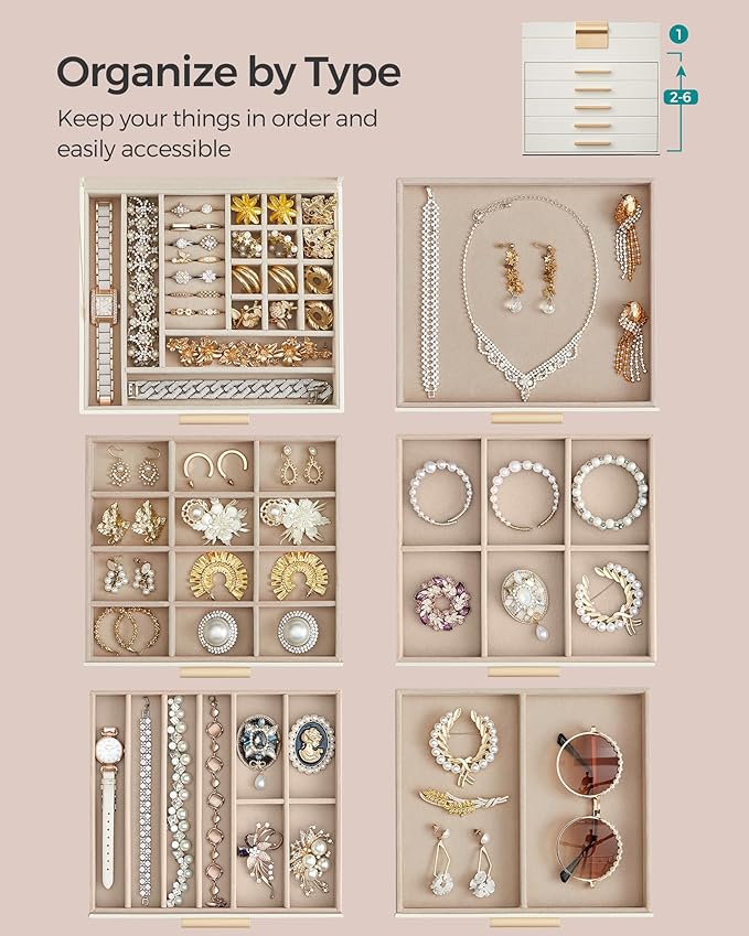 SONGMICS GISELLA Collection - Jewelry Box Organizer, 6-Layer Jewelry Storage with 5 Drawers, Shiny Metal Hardware, Glass Lid, Modern, 8 x 9.1 x 9 Inches, Cloud White and Gold Color UJBC176W01