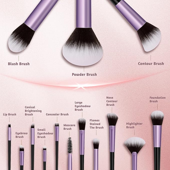 Makeup Brush Set, Premium Synthetic 14 Pcs Makeup Brushes, Travel Makeup Brush Set for Foundation, Concealer, Blush and Eyeshadow Brush(Purple)