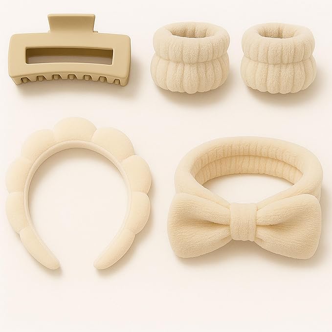 5-Piece Spa Gift Set Ã¢ÂÂ Beige Facial Headband, Hair Clip & Wristbands, One-Size Skincare Accessories for Makeup, Face Washing & Self-Care