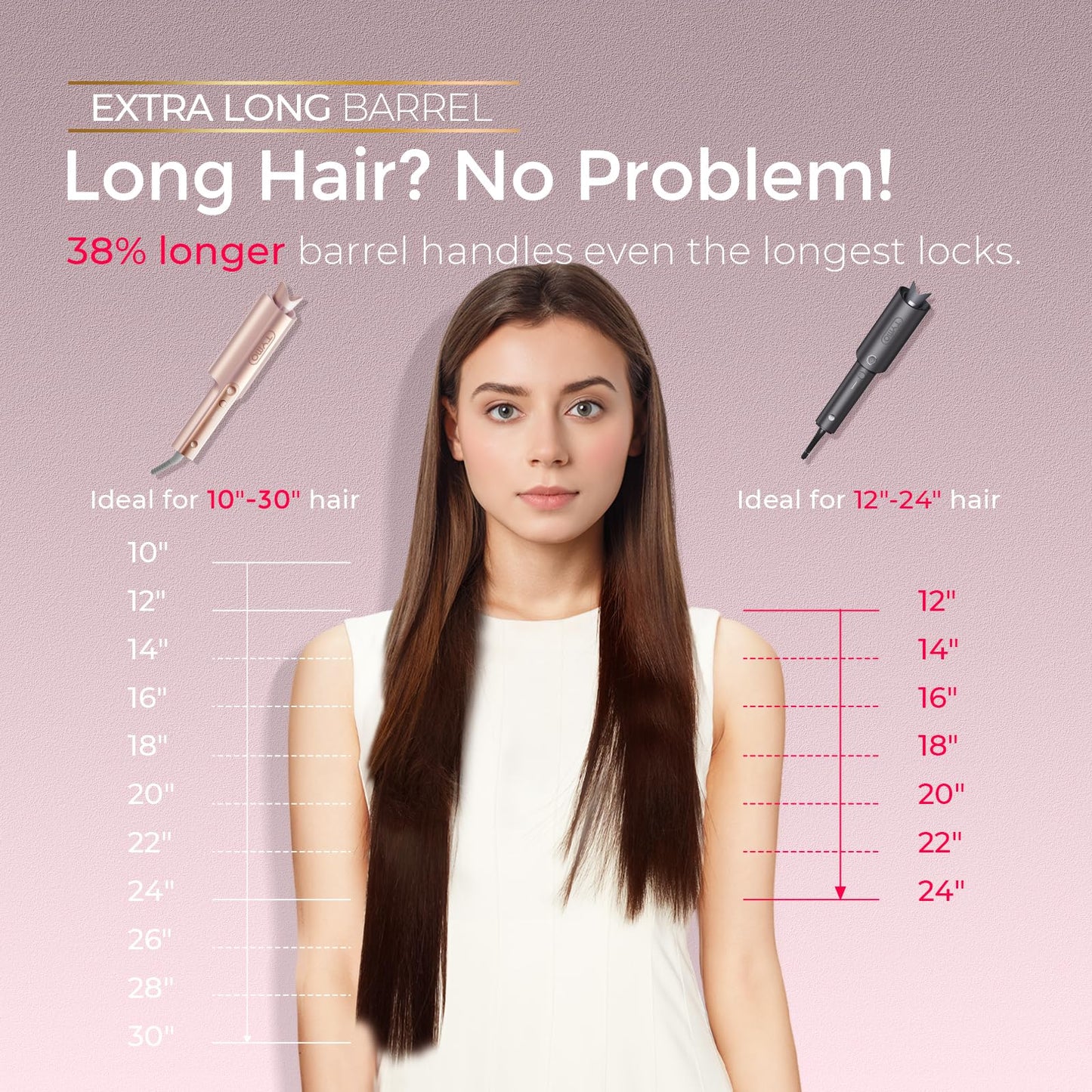 TYMO CurlPro Plus Automatic Rotating Curling Iron - Upgraded Long Barrel Curling Wand for Long Hair, Ceramic Hair Curler for Women, Anti-Scald, 600M Ionic, Dual Voltage, Gold Blush, 1 1/4 Inch