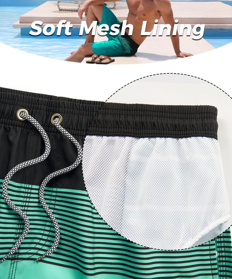 ELETOP Men's Swim Trunks Quick Dry Bathing Suit Swimming Board Shorts Mesh Lining Beach Swimwear Stripe Green L