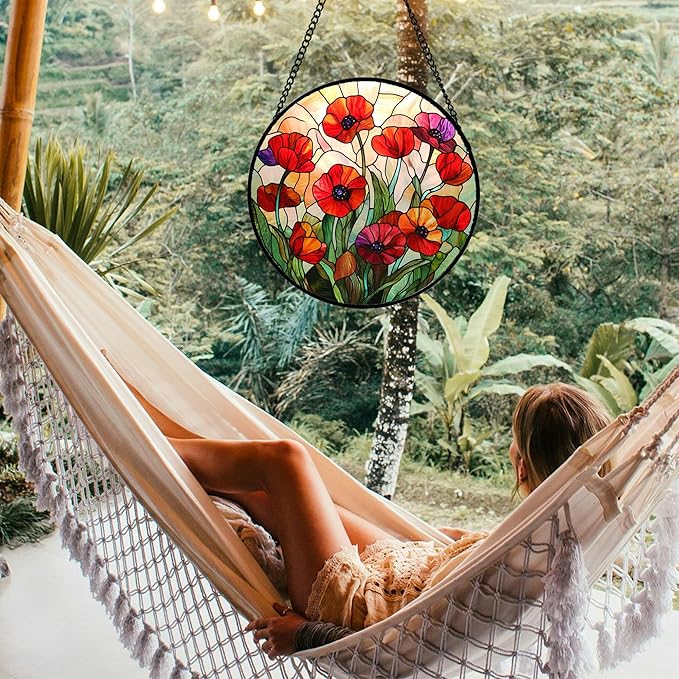 CRISGIF Stained Glass Window Hanging - Poppy Birth Flowers Suncatcher for Door Garden Yard Wildflowers Sun Catchers Decor Christmas Mother's Day Birthday Gifts for Women Mom Nana Friend 7.8 in