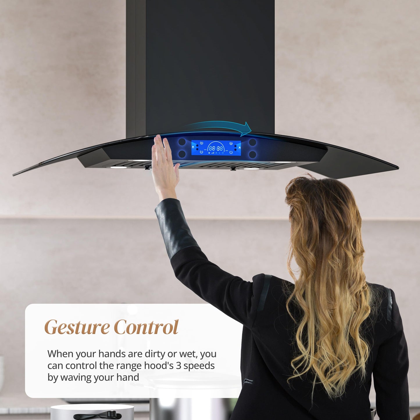 FIREGAS Black Island Range Hood 36 Inch, 700 CFM Ductless/Ducted Ceiling Mount Range Hood with 3 Speed Fan, Gesture, Remote & Touch Control, LED Light Vent Hood for Kitchen