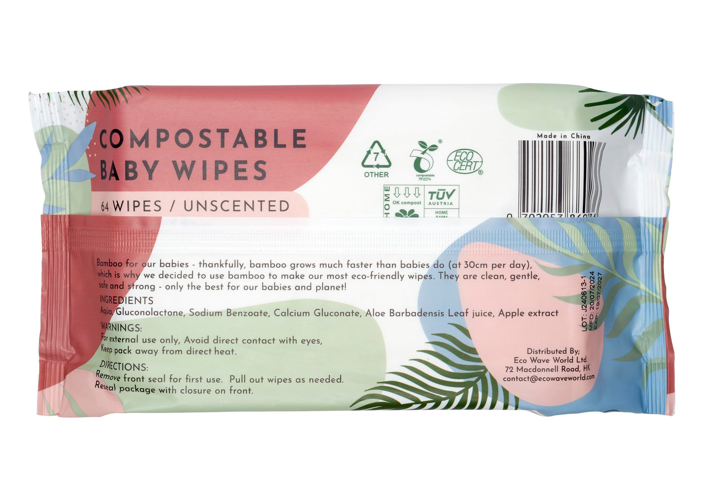 Eco Wave Baby Wipes, 100% Compostable Eco-Friendly Bamboo Wipes, Unscented, Hypoallergenic, Vegan, Alcohol-Free, Suitable For Sensitive Skin (Pack of 12)