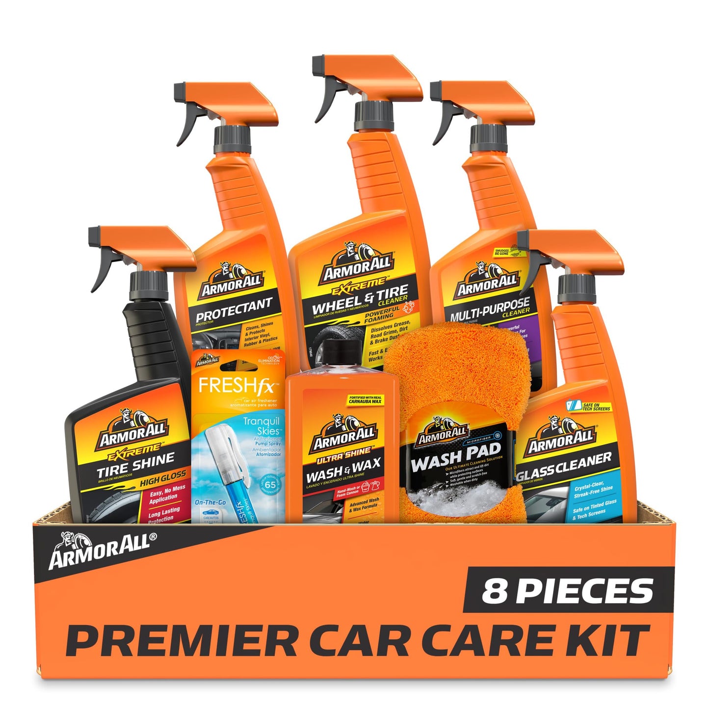 Armor All Premier Car Care Kit, Includes Car Wax & Wash Kit, Glass Cleaner, Car Air Freshener, Tire & Wheel Cleaner (8 Piece Kit)
