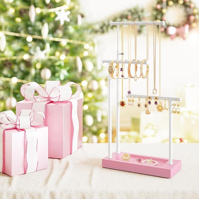 SRIWATANA Jewelry Organizer Stand, Extra Tall Necklace Holder Jewelry Holder, Gift Idea (Pink & White)