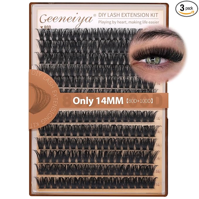 Geeneiya 14MM Volume Lash Clusters Kit DIY Lash Extension Kit D Curl Eyelash Extensions with Waterproof Lash Bond and Seal Waterproof Tweezers, Only 14MM, 80D+100D