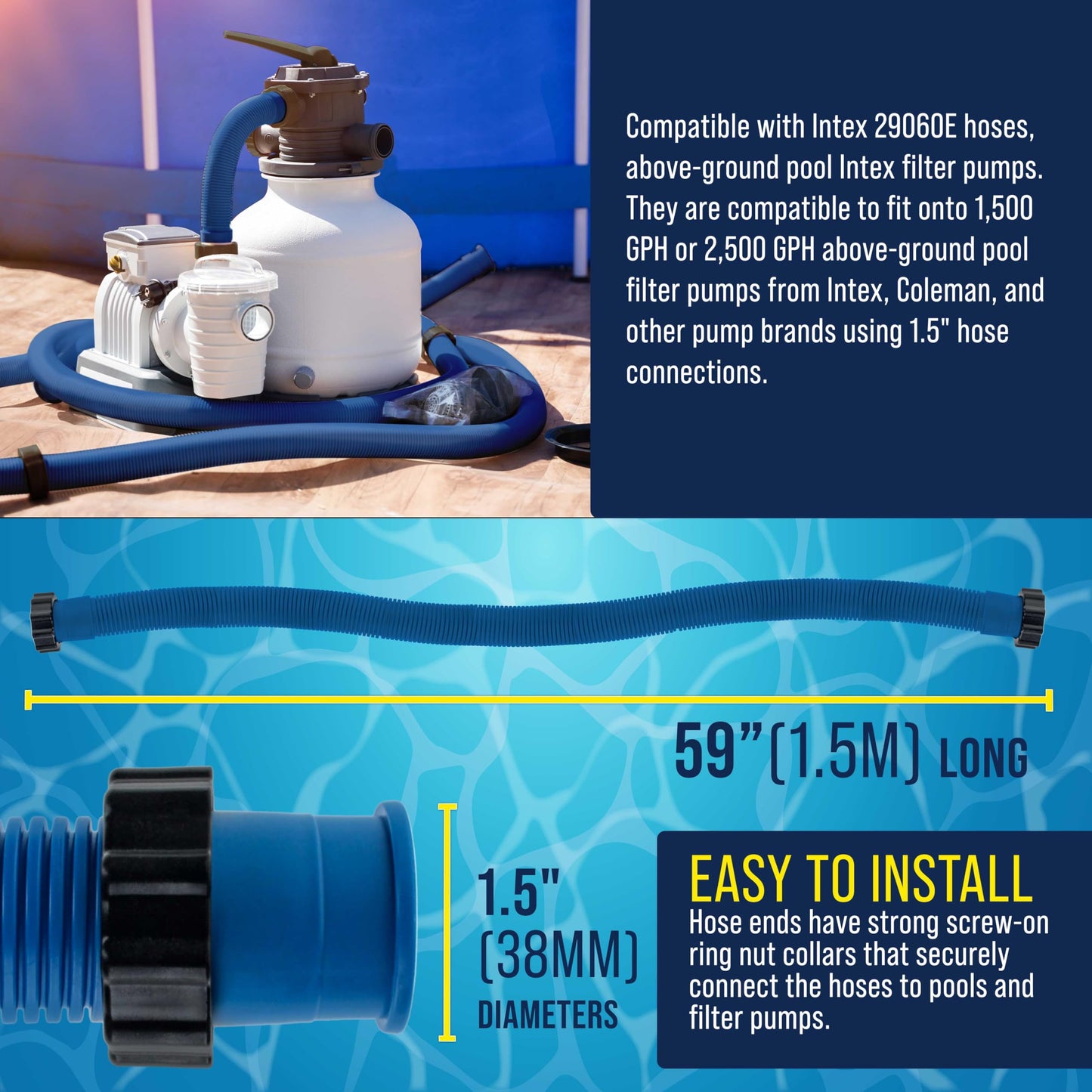U.S. Pool Supply Above Ground Pool Hose Replacement 1.5" Diameter x 59" Long, Pack of 2, Blue - Compatible with Intex 29060E, Pool Filter Pump Hoses, Sand Filters, Saltwater Systems 1,500 to 2,500 GPH