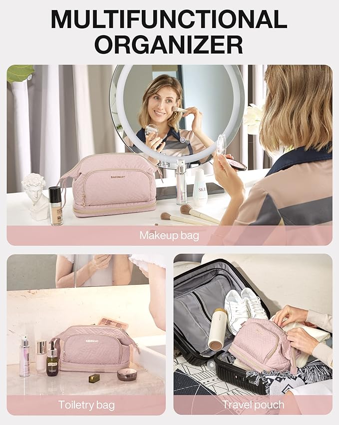 BAGSMART Travel Makeup Bag, Cosmetic Bag Make Up Organizer Case, Dorm Room Essentials Large Wide-open Pouch Women Travel Essentials Double Layers Purse for Toiletries Accessories Brushes Pink
