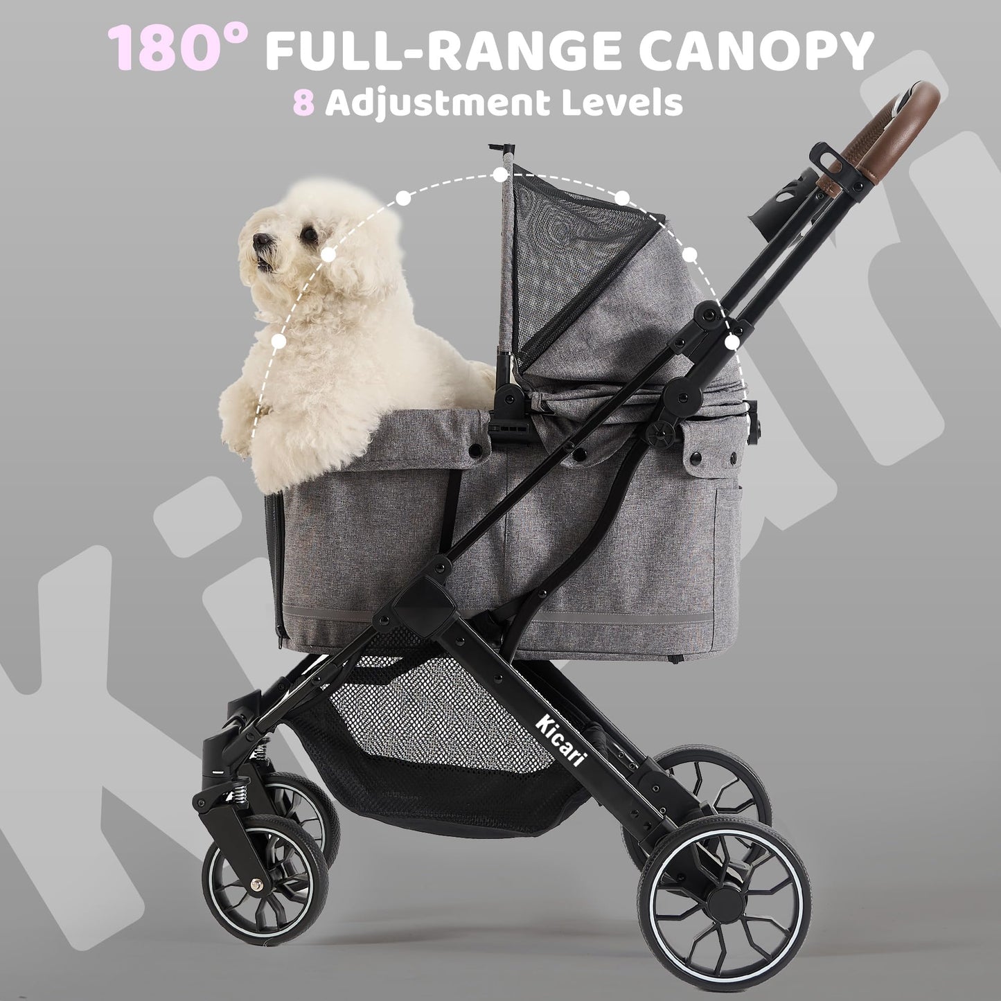 Kicari All-Terrain Dog Stroller for Small to Medium Dogs, Pet Stroller for Dogs & Cats Outdoor Walks, One-Hand Easy Fold, Double-Layer Anti-UV & Waterproof Canopy & Breathable Mesh, Charcoal Gray
