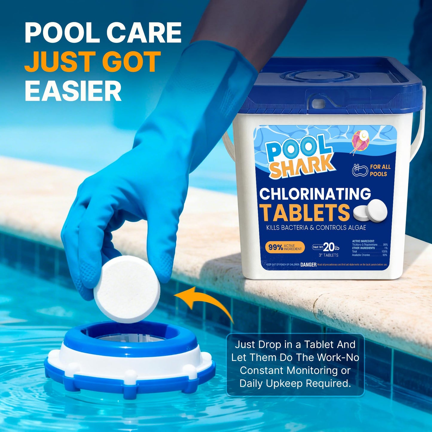 Pool Shark Swimming Pool Chlorine Tablets | 3-Inch Chlorine Tablets | 20 lbs | Slow-Dissolving 90% Active Chlorine Tabs | Pool Chemicals for Inground Pools, Above Ground Pools, Saltwater, Spa, Hot Tub