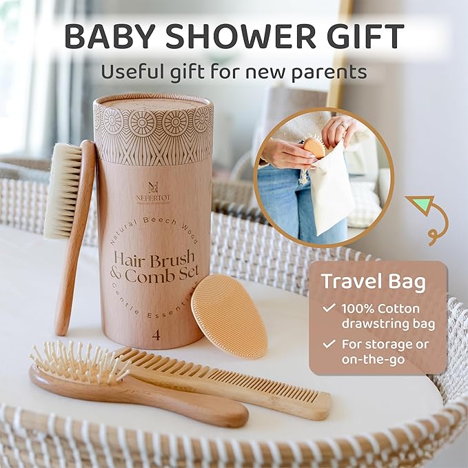 Wooden Baby Hair Brush Grooming Kit with Beech Wood Goat Hair Brush, Cradle Cap Brush, Silicone Scalp Massager, Ultra Soft Bristle Brush | Gender Neutral Newborn Hairbrush Set for Boy or Girl