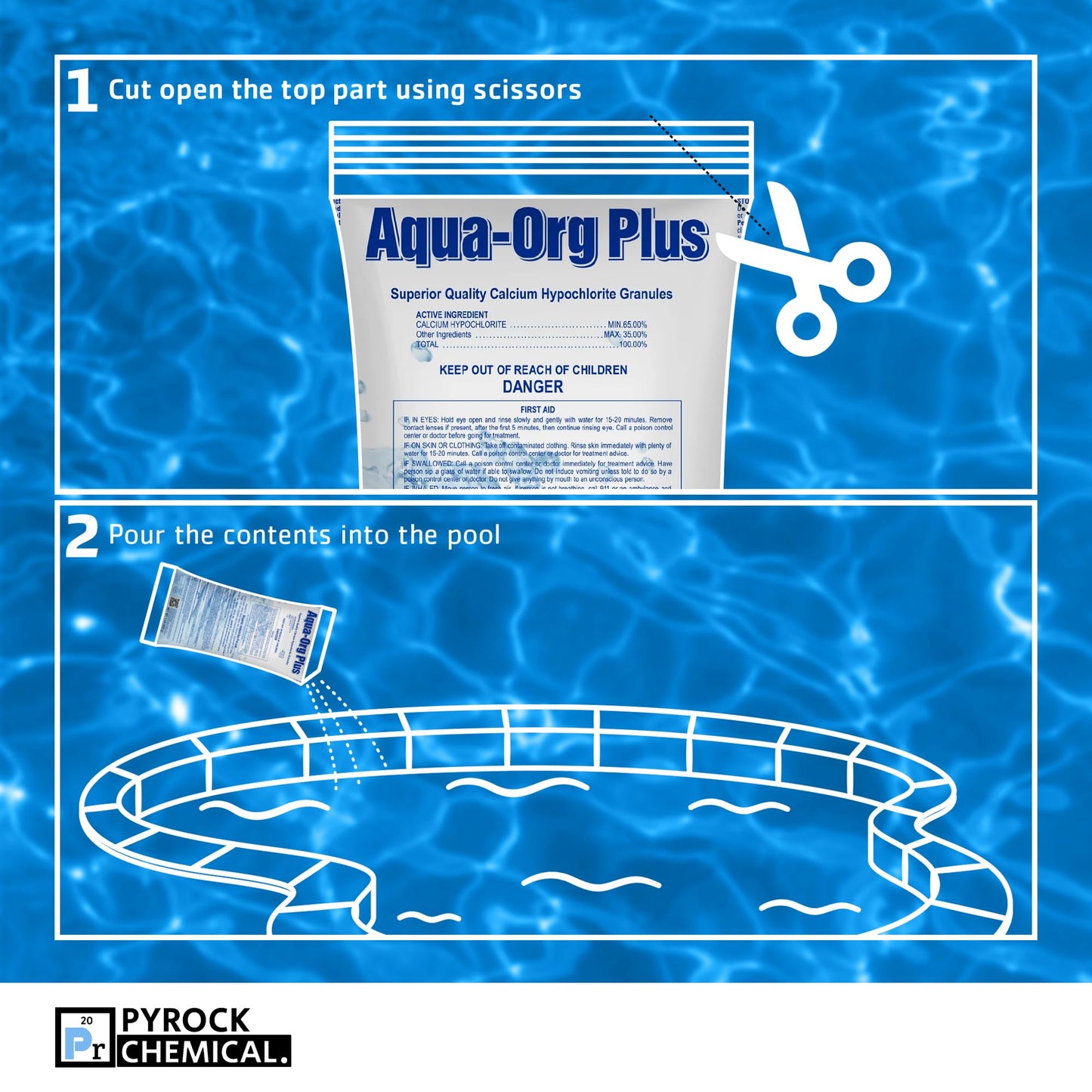 Pool Shock by Pyrock Chemical Aqua Org Plus - 65% Granular Cal Hypo - Swimming Pool Shock for In-Ground, Above Ground, Spas & Hot Tubs (24x1 lb Bags)