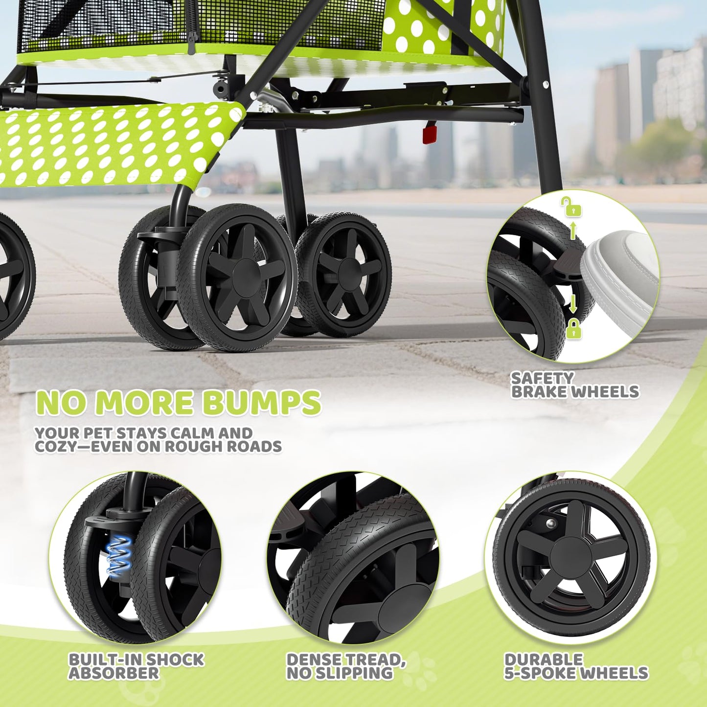 Magshion Compact Pet Stroller for Small-Medium Dogs/Cats up to 22lbs, 4-Wheel Lightweight Umbrella Shaped Portable Puppy Travel Jogger with Breathable Mesh, Cup Holder & Rear Storage, Lawn Green