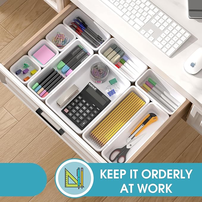 16 PCS Drawer Organizer Set, 4 Size Makeup Drawer Divider Organizer With Non-Slip Pads, Interlocking Plastic Storage Bins for Office,Jewelry Vanity,Gadgets, Bathroom,Kitchen, White