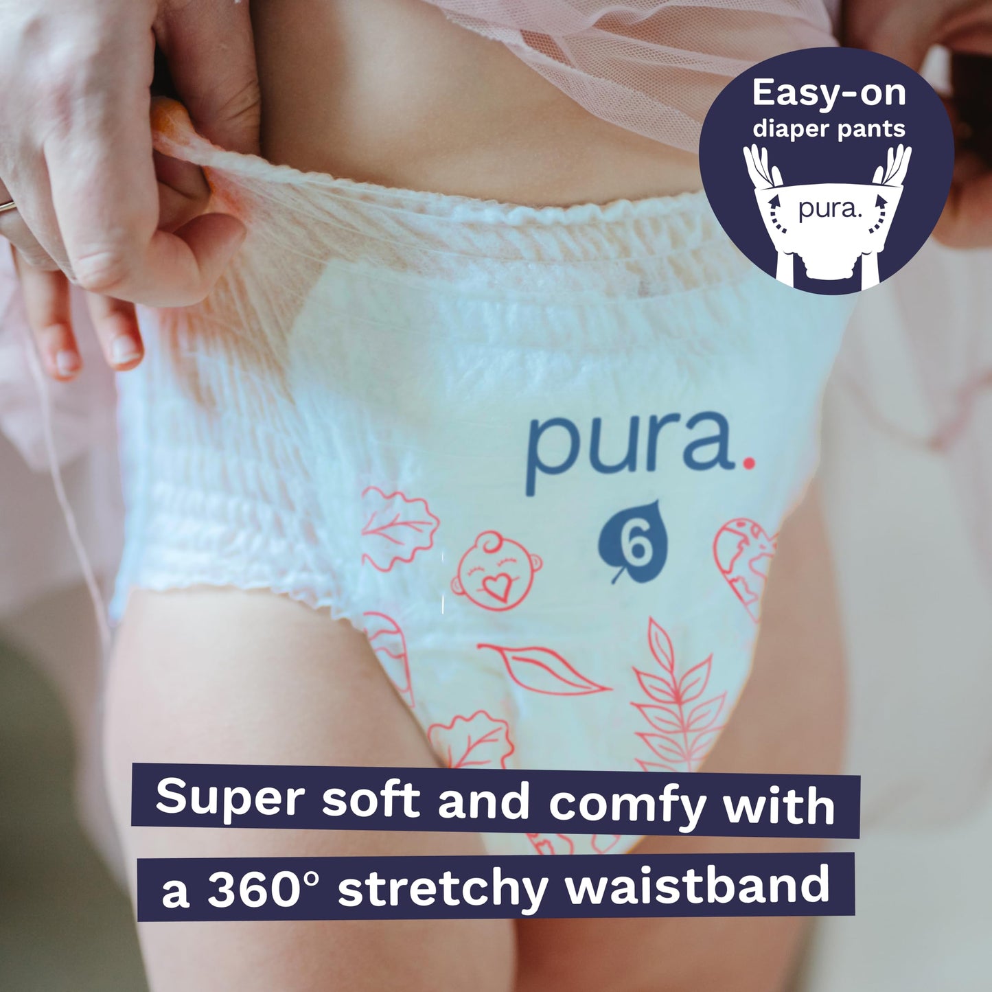 Pura Hypoallergenic Diaper Pants Size 6 (33+ lbs) Overnight, up to 12 Hours Leak Protection, Suitable for Sensitive Skin, Totally Chlorine Free, Soft Organic Cotton, 3 Packs of 17 (51 Pull Up Pants)