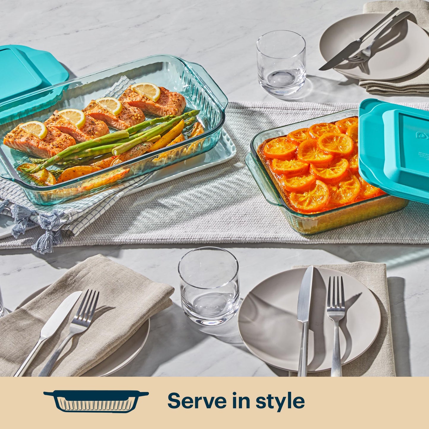 Pyrex Colors Tinted (2-Pack, Full Set) Tinted Glass Baking Dish with BPA-Free Lid, Oblong Bakeware Glass Pan For Casserole & Lasagna, Dishwasher, Freezer, Microwave and Pre-Heated Oven Safe, Aqua