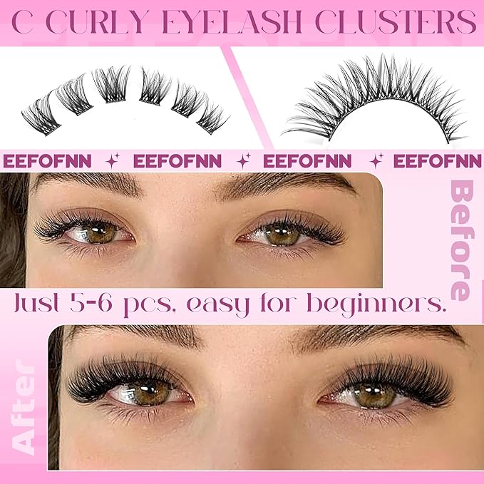 Lash Clusters Kit Wispy Cluster Eyelash Extensions Kit Natural Eyelash Clusters with Lash Bond and Seal Waterproof Tweezers 11-16mm C-Curly Individual Lashes 120pcs DIY Lash Extension Kit by Eefofnn