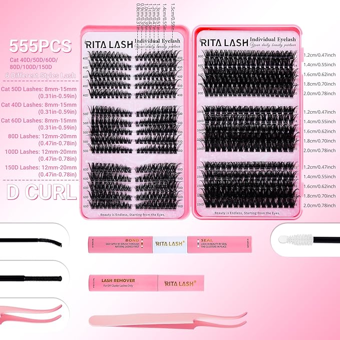 Lash Clusters Kit Eyelash Clusters Kit Cat Eye Lashes Clusters Lash Extension Kit Cluster Eyelash Extensions PestaÃÂ±as Postizas Naturales with Lash Bond&Seal,Remover,Lash Tweezers(Cat Eye Lash Kit)