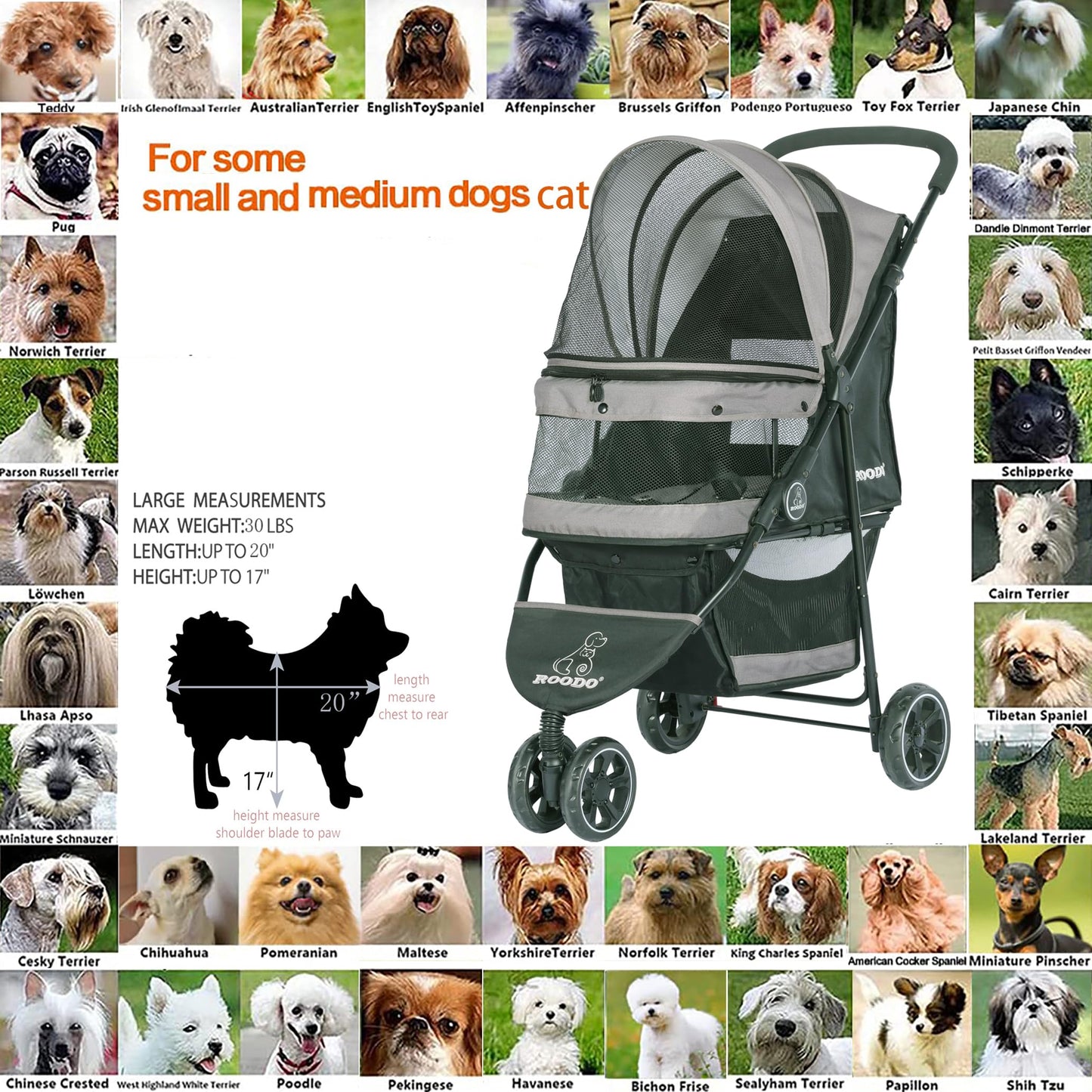 ROODO Escort 3 Wheel Dog Cat Pet Stroller for Small/Medium Dogs Cats Best Lightweight Foldable Portable Compact Jogger All Terrain Travel Pet Gear System Puppy Doggie Bunny Kitty Stroller(Grey)