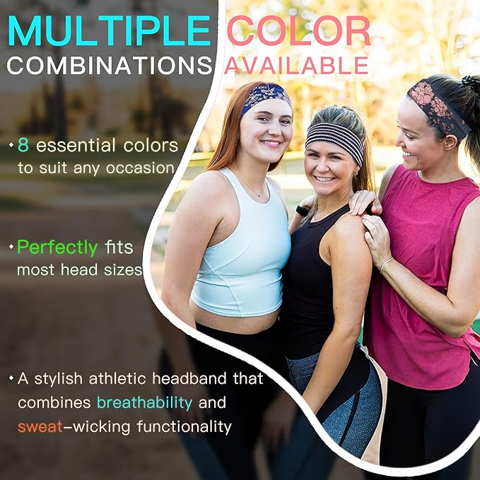 Ztomine 8 Pack Headbands for Women Non Slip - Stylish Sports Hair Bands for Women's Hair - Soft Cotton Cloth Stretchy Headbands for Women for Yoga, Outdoor Exercise Running