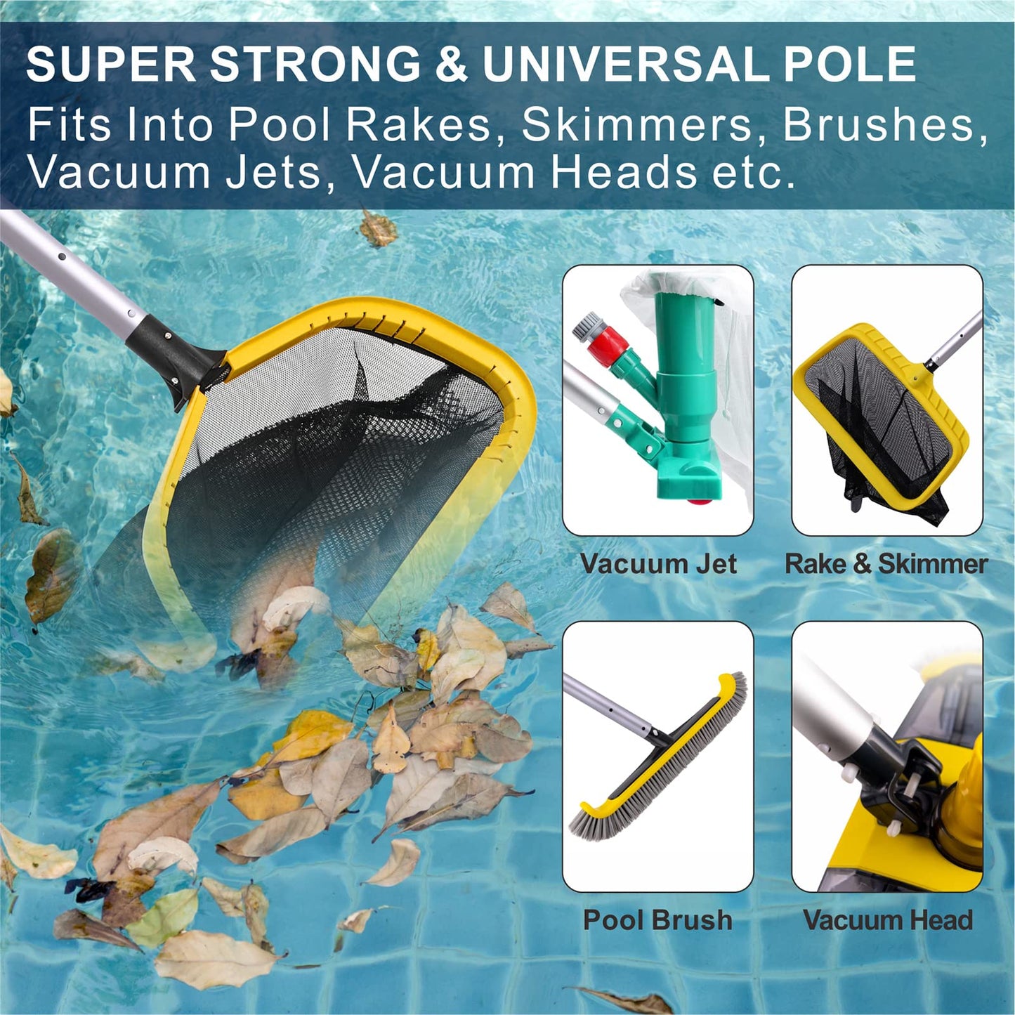 POOLAZA Pool Pole 16ft Heavy Duty, Detachable Swimming Pool Pole with User-Friendly Double Grip, Anodized Aluminum Pool Cleaning Pole, 4 Sections Super Sturdy Pool Poles for Cleaning